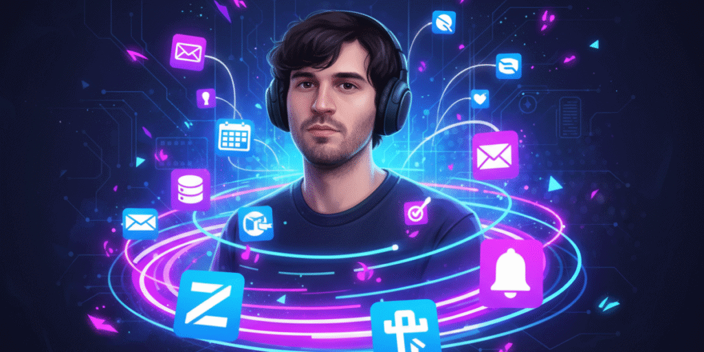 man surrounded by different ai tools