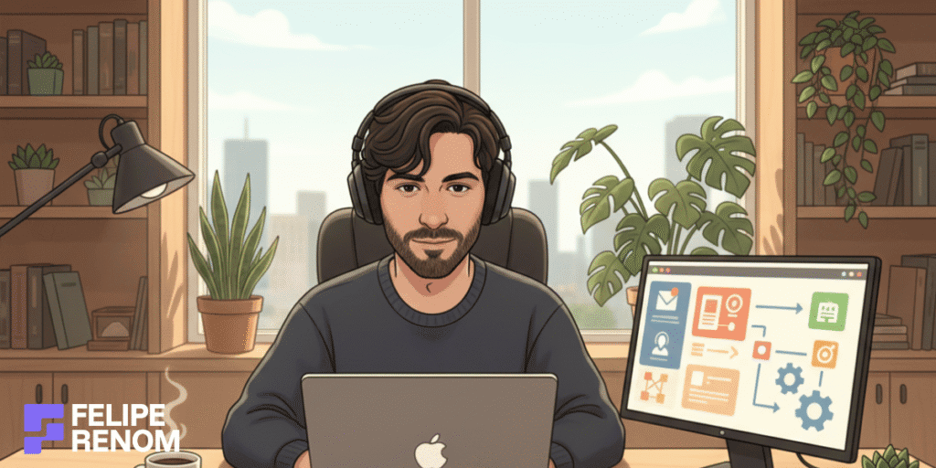 Ultra-wide illustration of a person using AI tools on a laptop to optimize tasks in a warm office workspace.