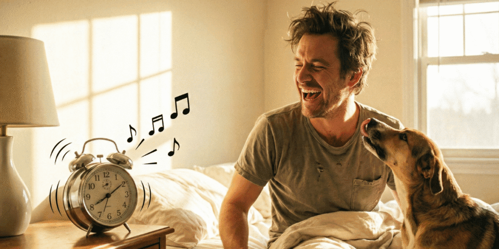 man feeling happy with automated morning routine with dog.