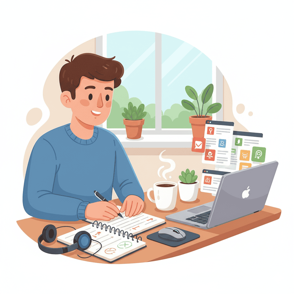 Person reviewing top AI productivity tools on a laptop in a bright, organized office.