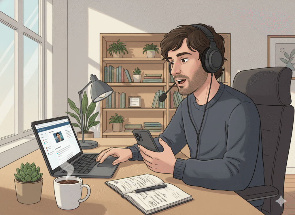 Person testing voice-based AI assistant while reviewing notes on privacy and model training in a modern office.