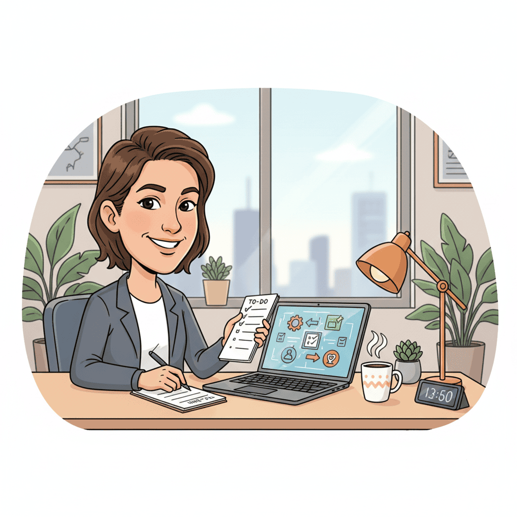 Person using a digital AI assistant to automate routine tasks in a bright modern office.