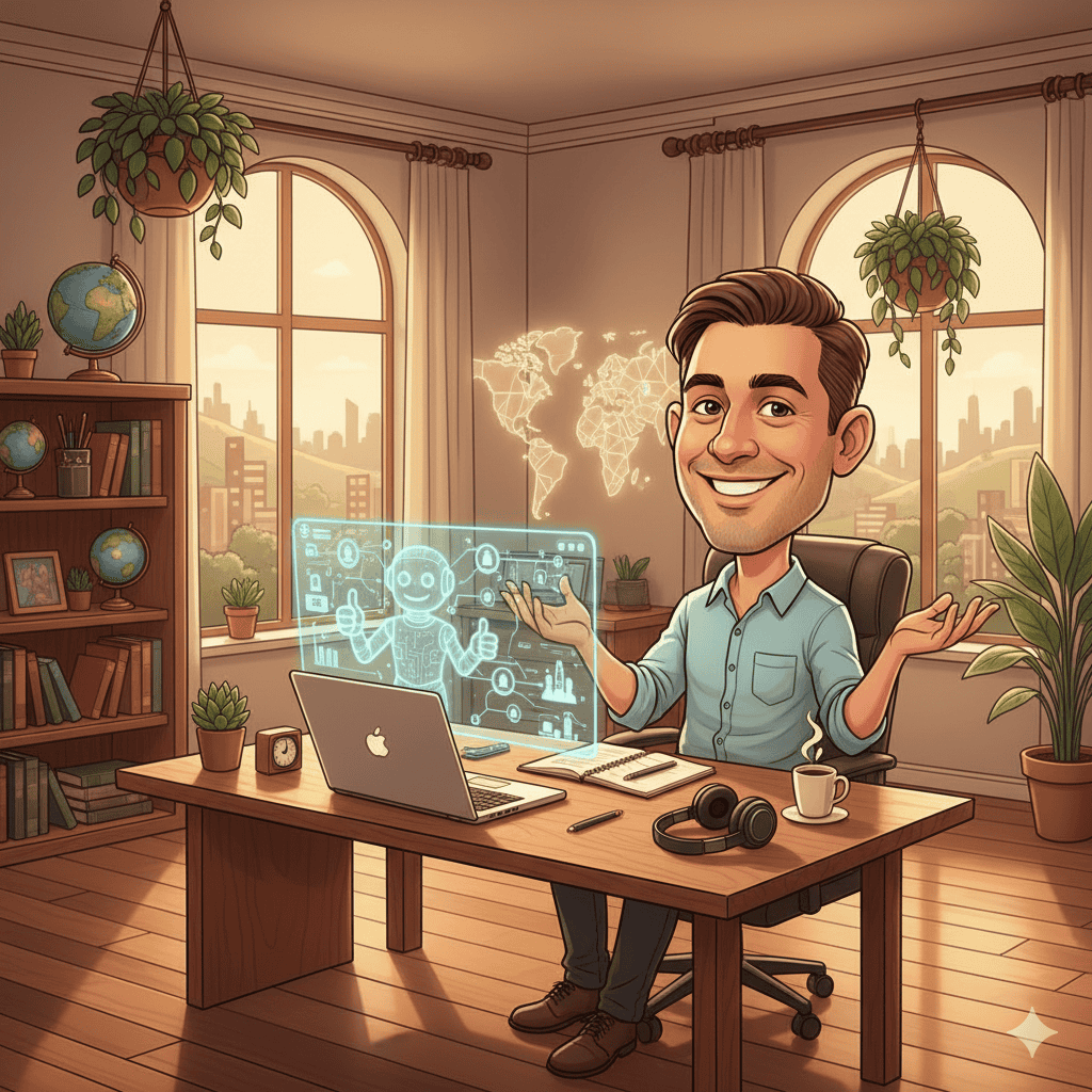 Person managing global tasks with an AI assistant in a warm, modern office workspace.