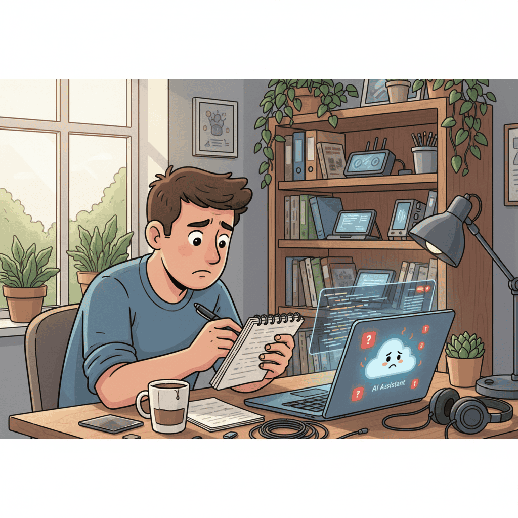 Developer reviewing challenges of AI assistants while troubleshooting issues in a modern office.