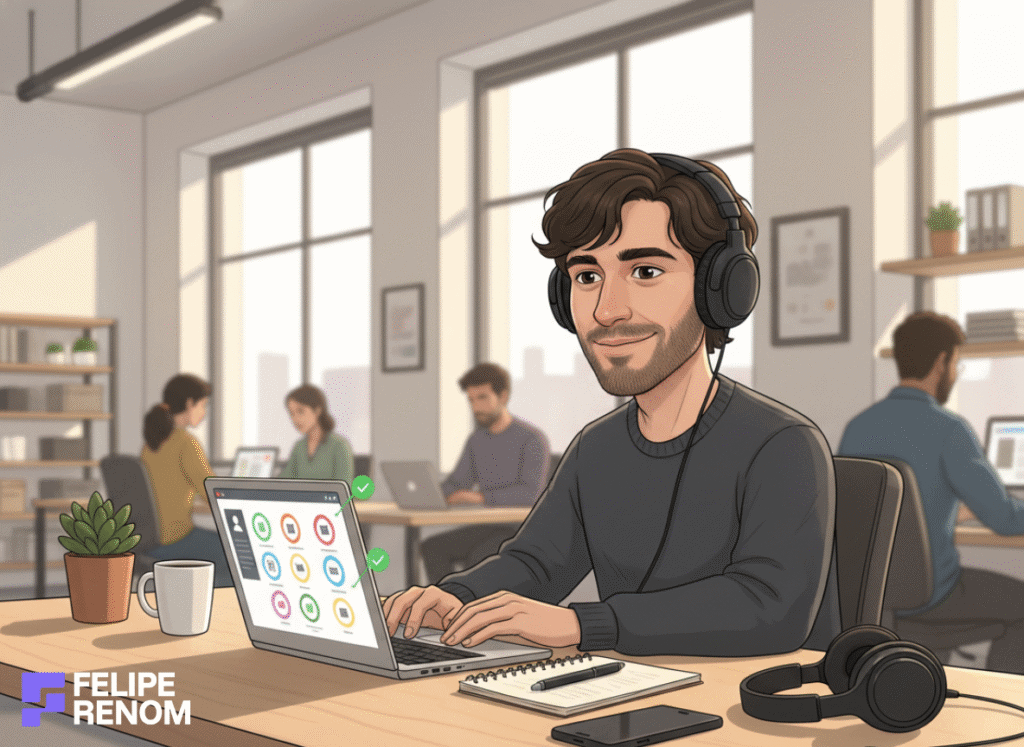 Person in a coworking office reviewing automated tasks on a laptop, with desk items and a warm, productive atmosphere.