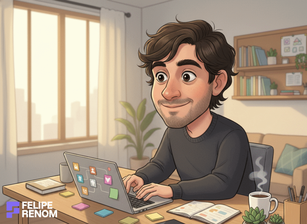 Person at a home office desk using a laptop to organize tasks, surrounded by notebooks, plants, and work accessories.