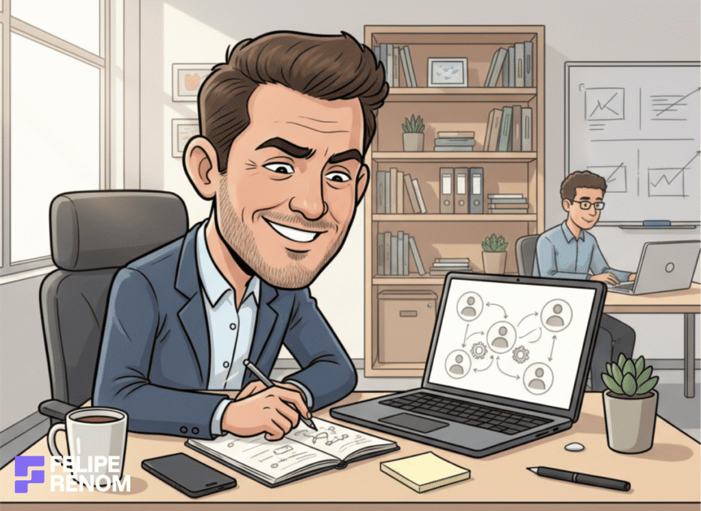 Person in an office reviewing challenges on a laptop and sketching solutions, surrounded by simple desk items in a warm workspace.