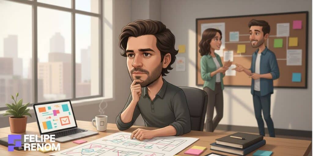 Professional reviewing concept sketches for future AI automation trends in a warm coworking space with colleagues brainstorming in the background.