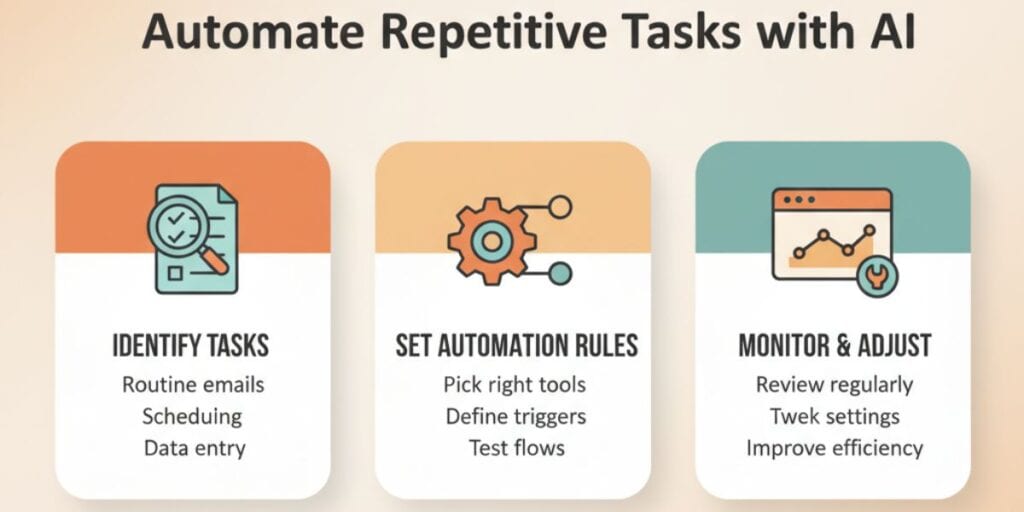 Infographic showing how to identify tasks for automation, set AI rules, and monitor workflows to save time and improve productivity.