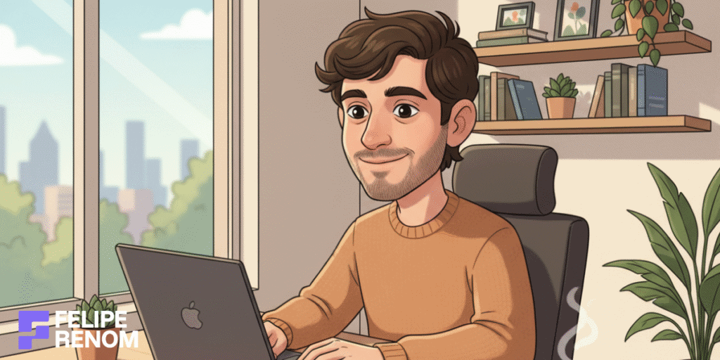 Person managing emails calmly in a warm home office, using AI tools on a laptop with plants and desk accessories.