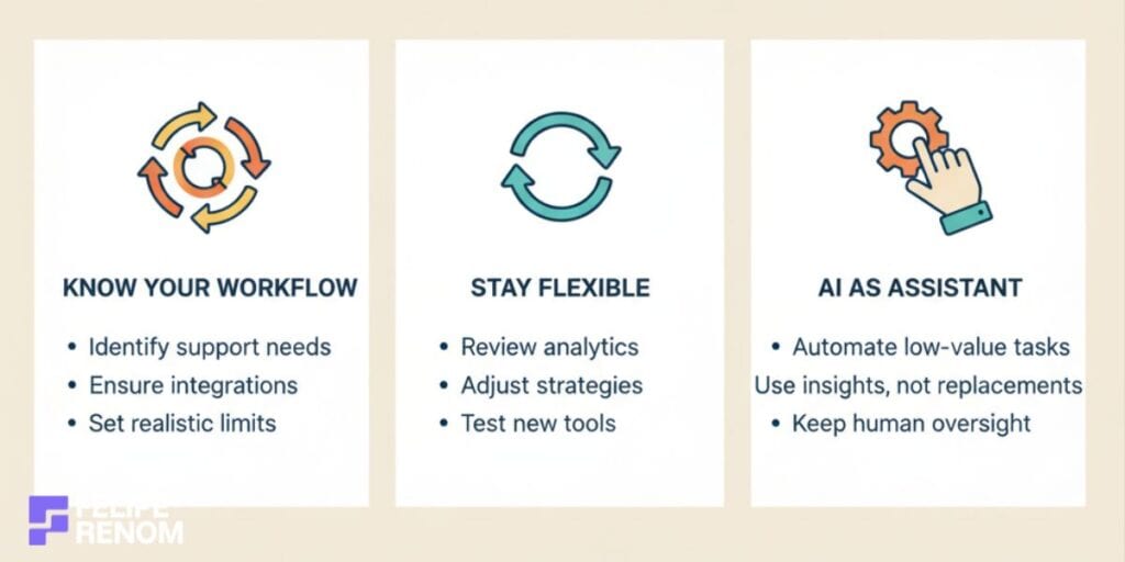 Infographic outlining key considerations for using AI in time management: knowing workflow, staying flexible, and using AI as an assistant.