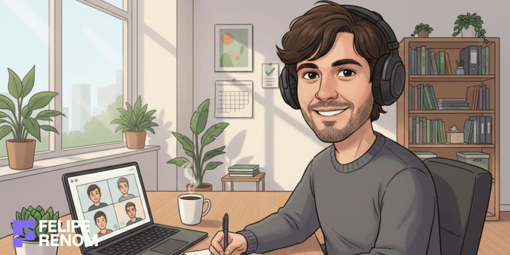 Person taking notes during a video meeting in a bright office, showing a productive AI-assisted workflow.