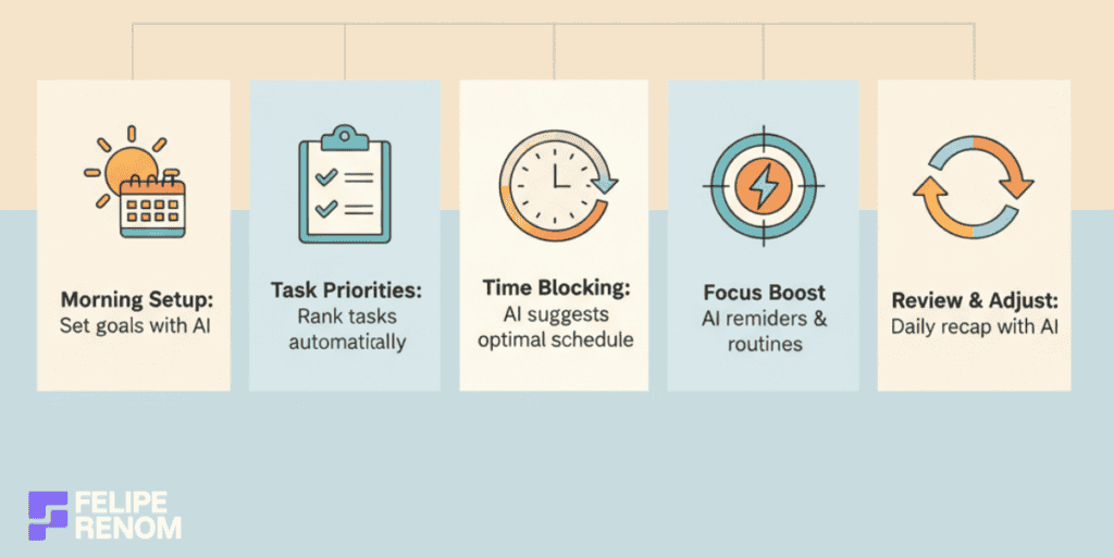 Infographic showing how to use AI for daily planning with goals, priorities, time blocking, focus tools, and review steps.