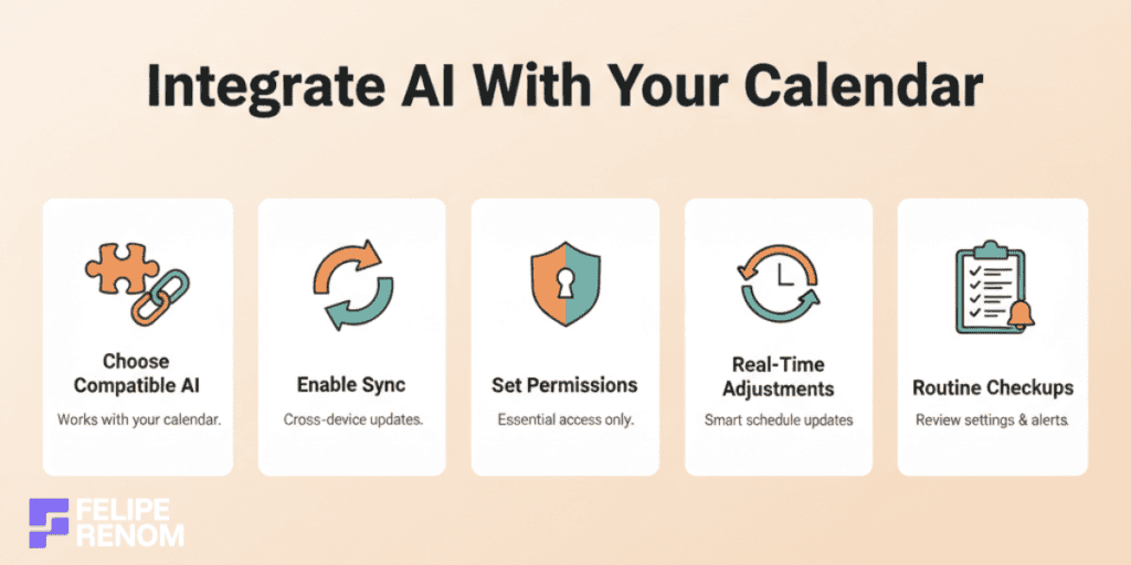 Infographic on integrating AI with your calendar using sync, permissions, updates, and routine checkups.