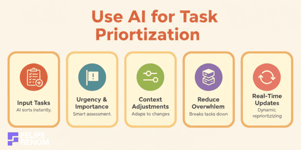 Infographic on how AI helps prioritize tasks using urgency, importance, adjustments, and real-time updates.