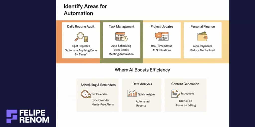 Infographic outlining key areas to automate using AI, including routines, tasks, project updates, finance, analysis, and content creation.