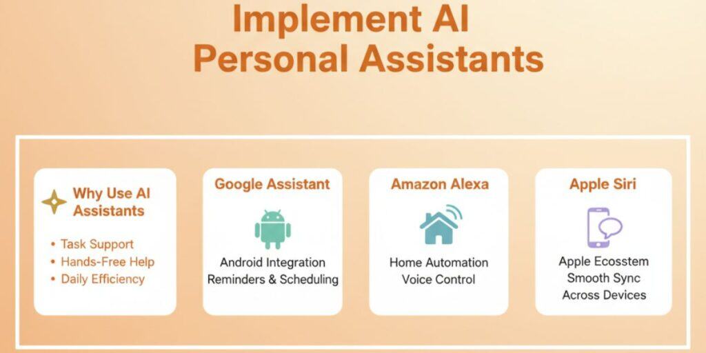 Infographic showing how AI personal assistants like Google Assistant, Alexa, and Siri enhance daily tasks, automation, and device integration.