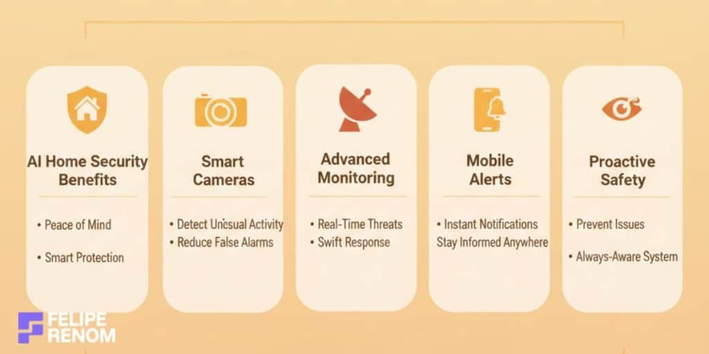 Infographic on enhancing home security with AI using smart cameras, monitoring systems, and mobile alerts for proactive, real-time protection.
