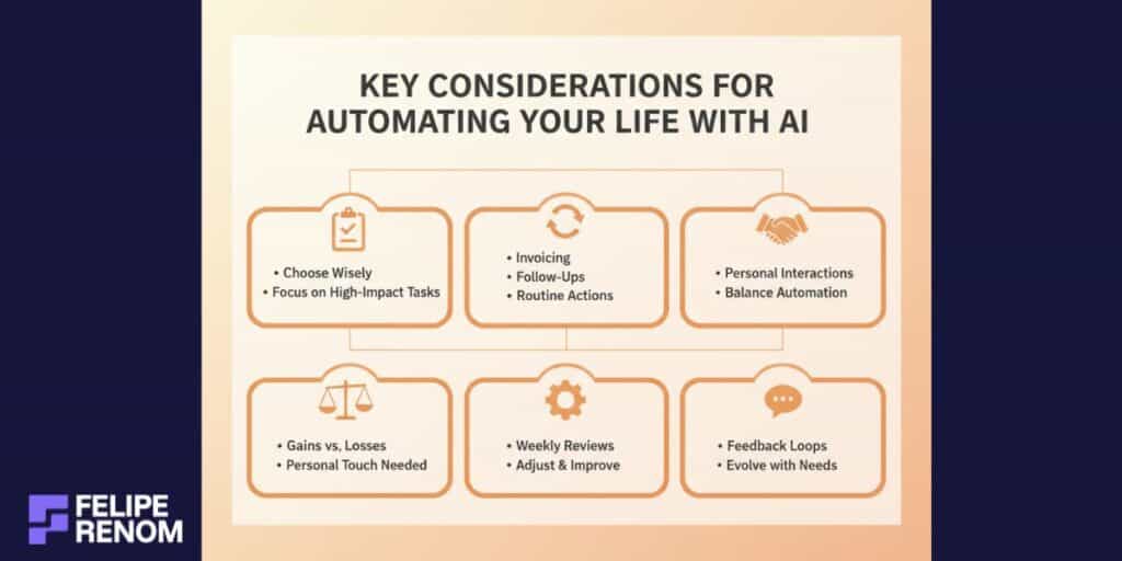 Infographic showing key considerations for automating life with AI, including task selection, balance, impact assessment, and continuous refinement.