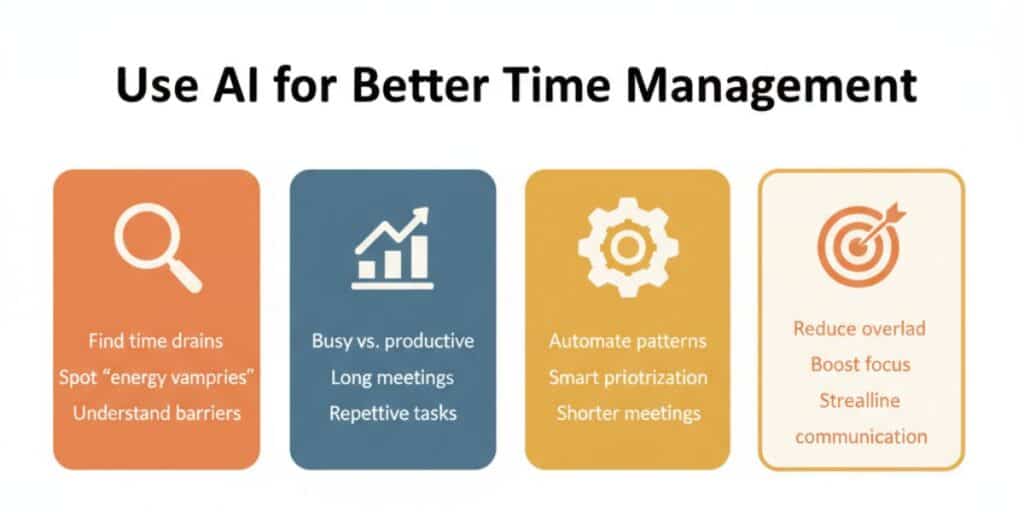 Infographic showing how to identify time drains, assess productivity, and align goals to use AI effectively for better time management.