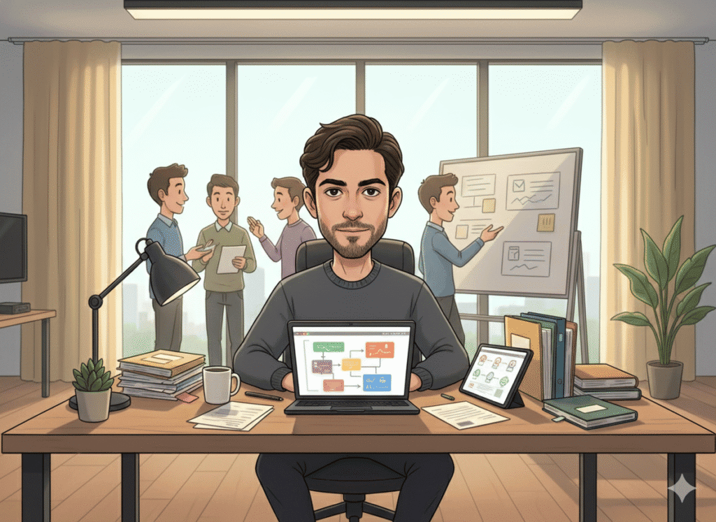 Professional reviewing workflows at a desk while coworkers brainstorm solutions to AI automation challenges in a warm office setting.