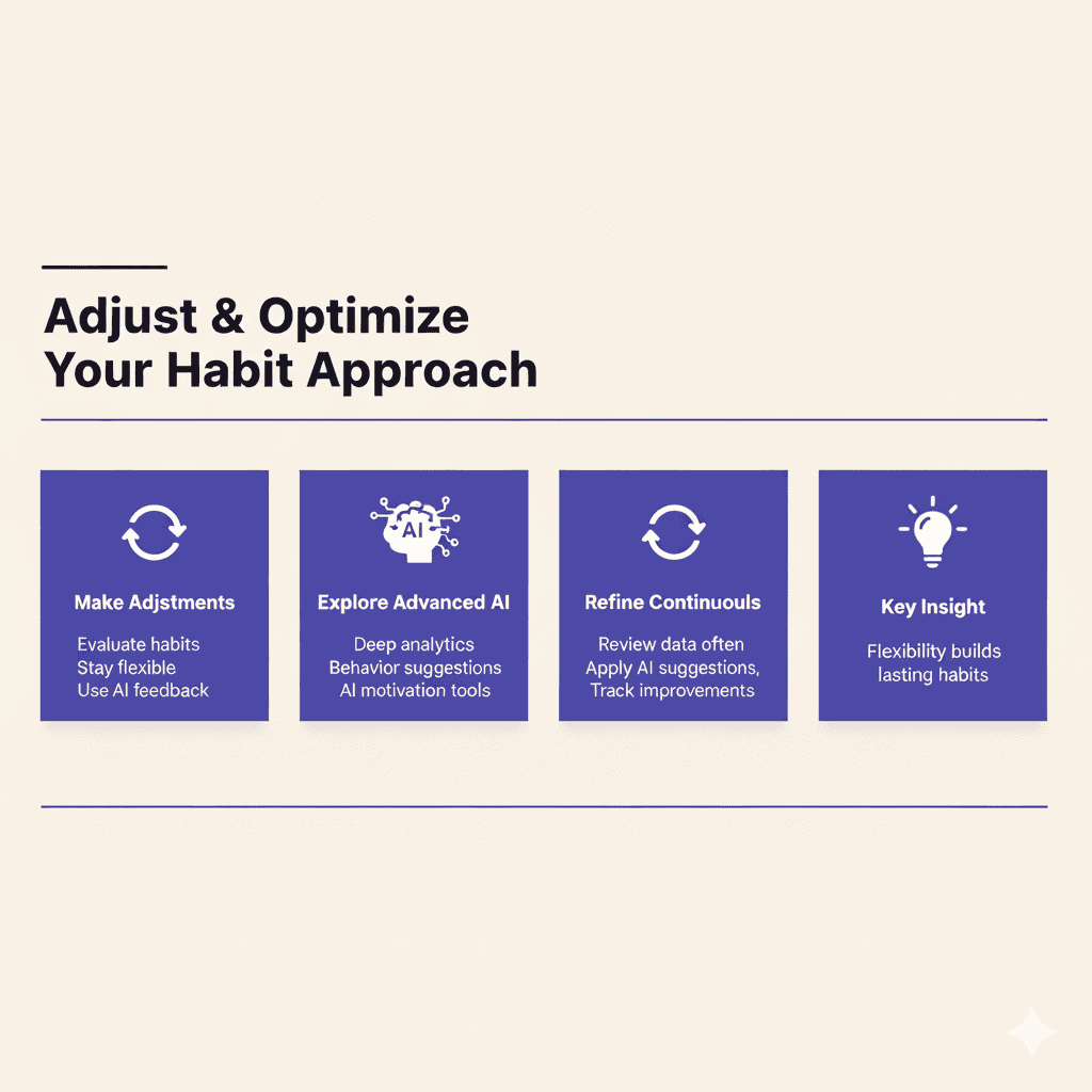 Infographic on optimizing habit building with AI: adjust strategies, use advanced features, refine continuously, and embrace flexibility.