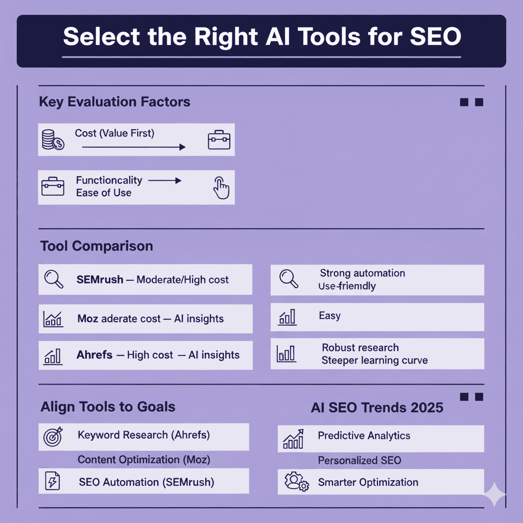 Infographic showing how to choose AI SEO tools, compare features, align goals, and track upcoming AI SEO trends.