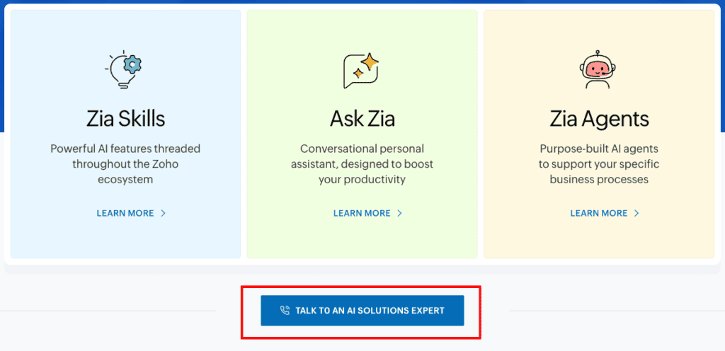 zia's zoho ai crm