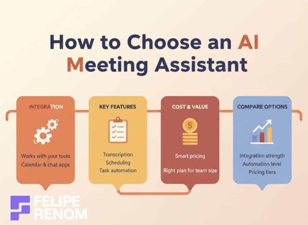 Infographic showing how to choose an AI meeting assistant with blocks for integration, features, cost, and tool comparison.