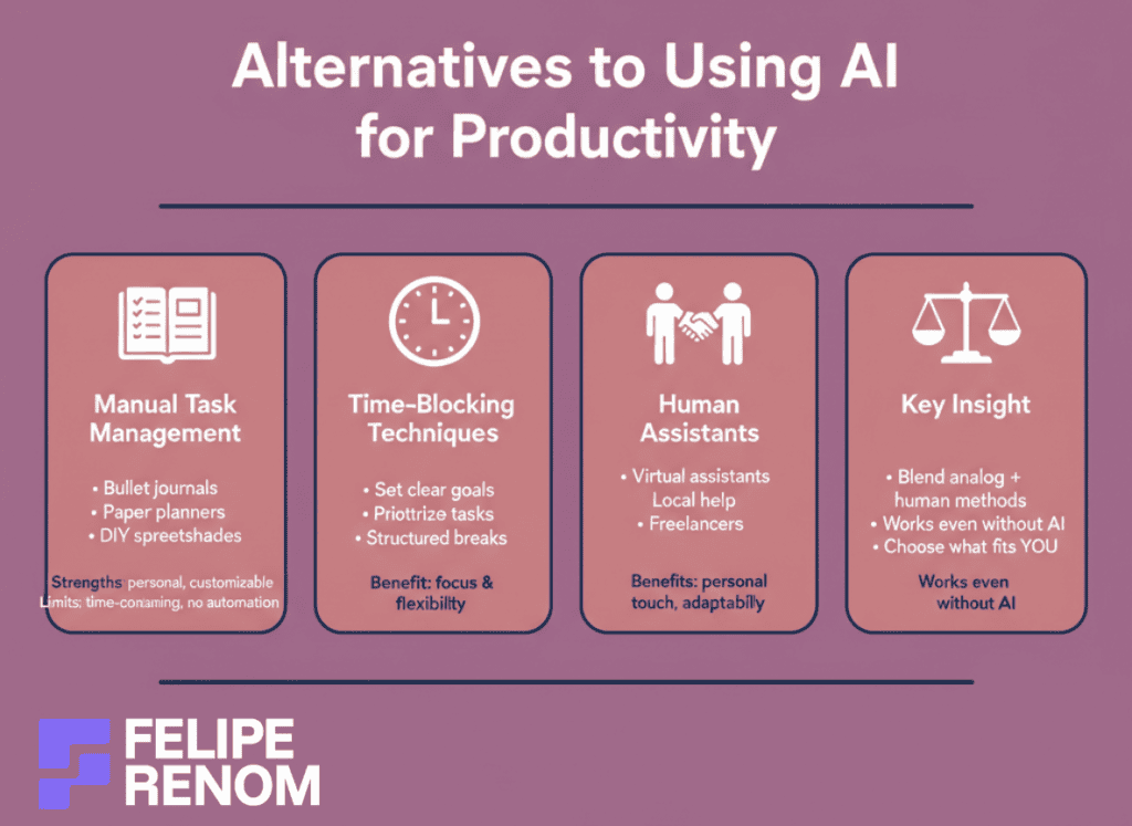Infographic outlining non-AI productivity alternatives like manual systems, time-blocking, and human assistants.