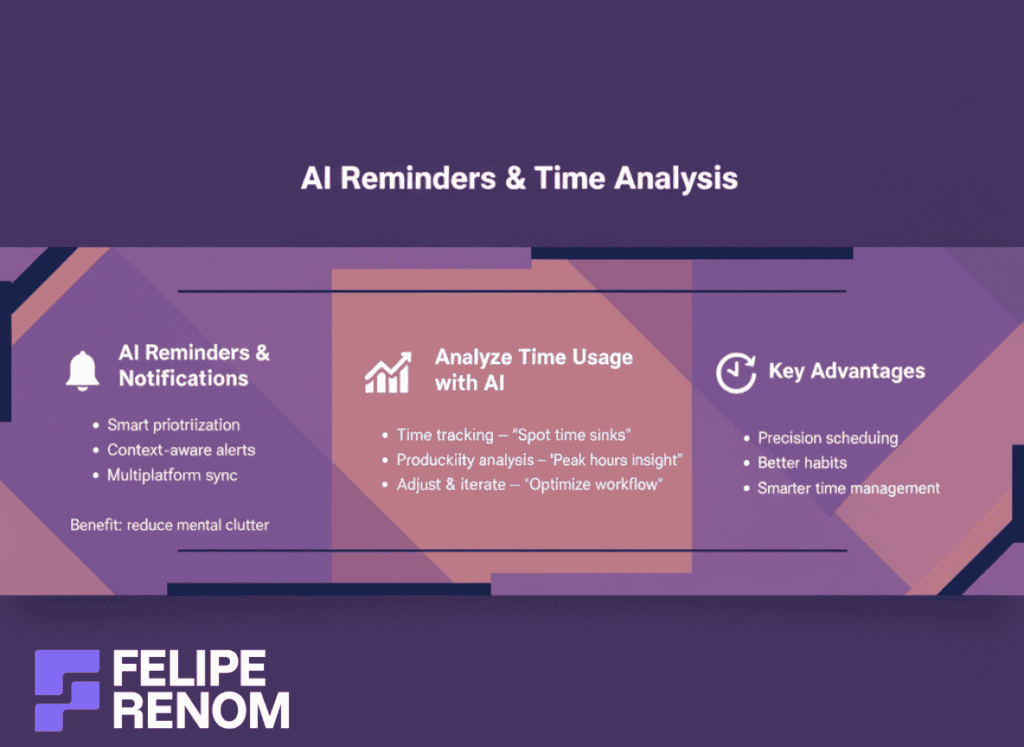 Infographic summarizing AI reminders and AI time-analysis tools for smarter scheduling and productivity.