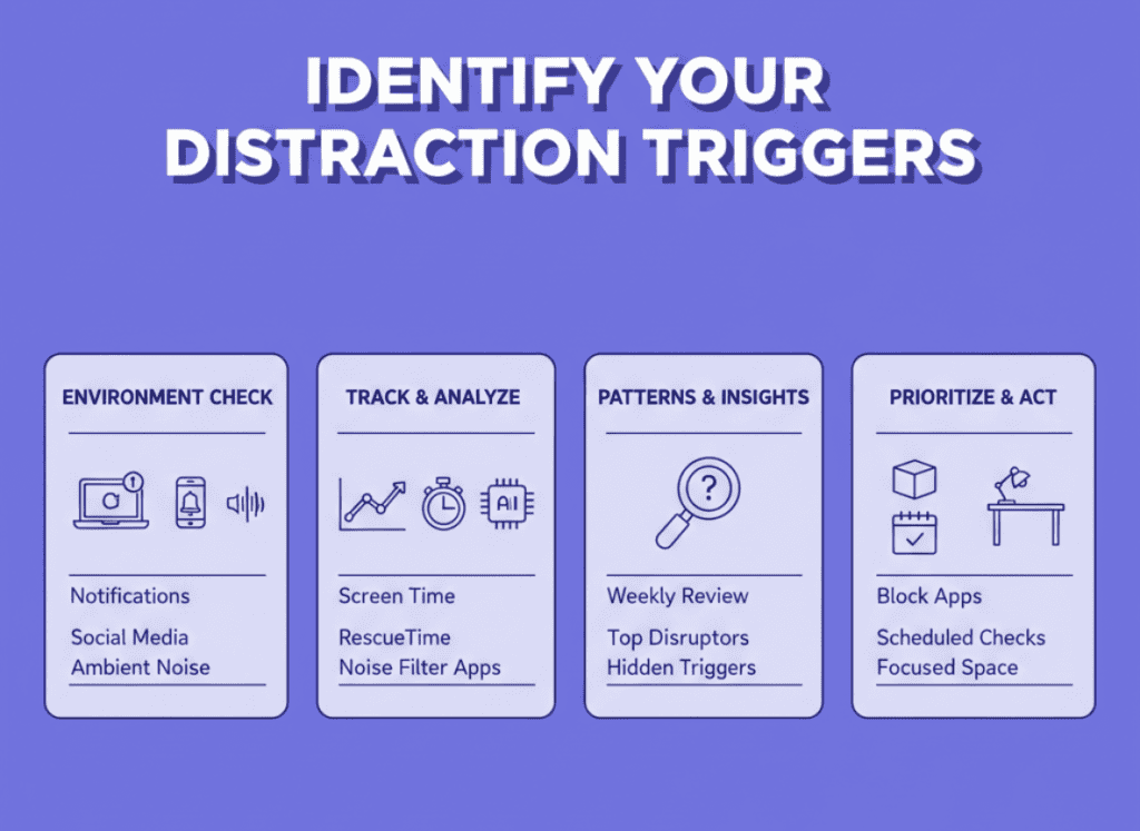 Infographic showing key distraction triggers, AI tools for pattern analysis, and steps to prioritize and reduce focus disruptors.