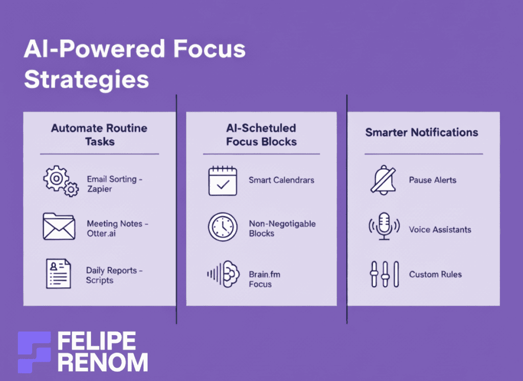 Infographic showing AI strategies for automation, focus scheduling, and smart notification control to boost deep work.