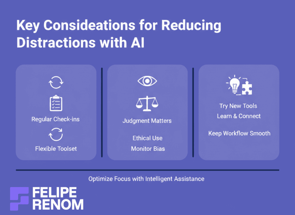 Infographic outlining key considerations for adapting AI tools, ensuring human oversight, and embracing new tech to reduce distractions.