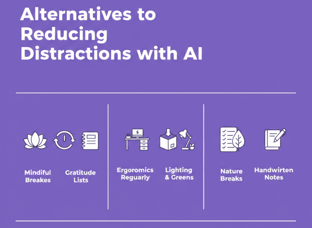 Infographic showing mindfulness, workspace optimization, and traditional methods to complement AI for reducing distractions.