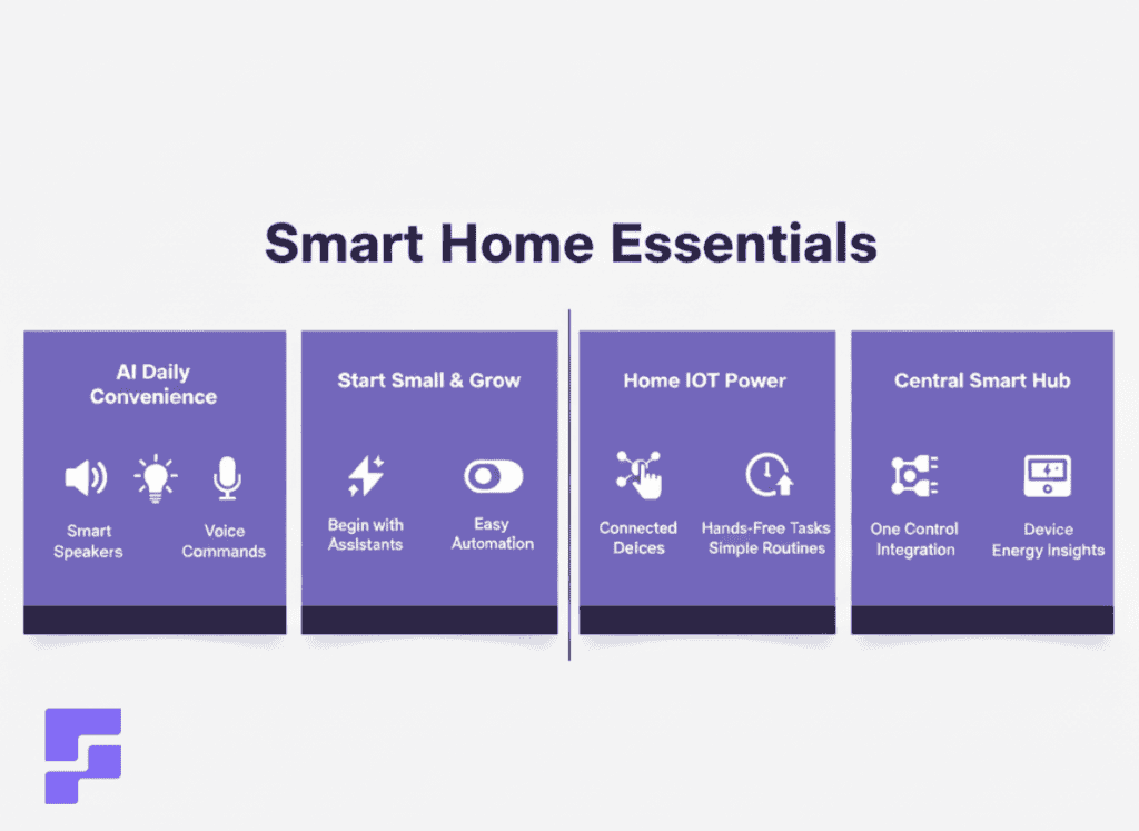 Infographic showing key smart home essentials, from AI assistants to smart hubs, with simple icons and clean labeled sections.