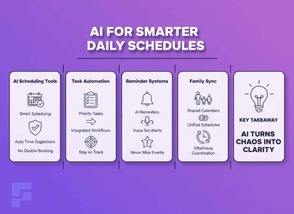Infographic highlighting AI scheduling, reminders, and family sync with clean sections and simple icons.