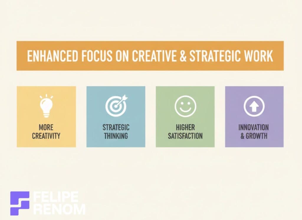 Infographic showing how AI frees time for creative work, strategy, satisfaction, and innovation.