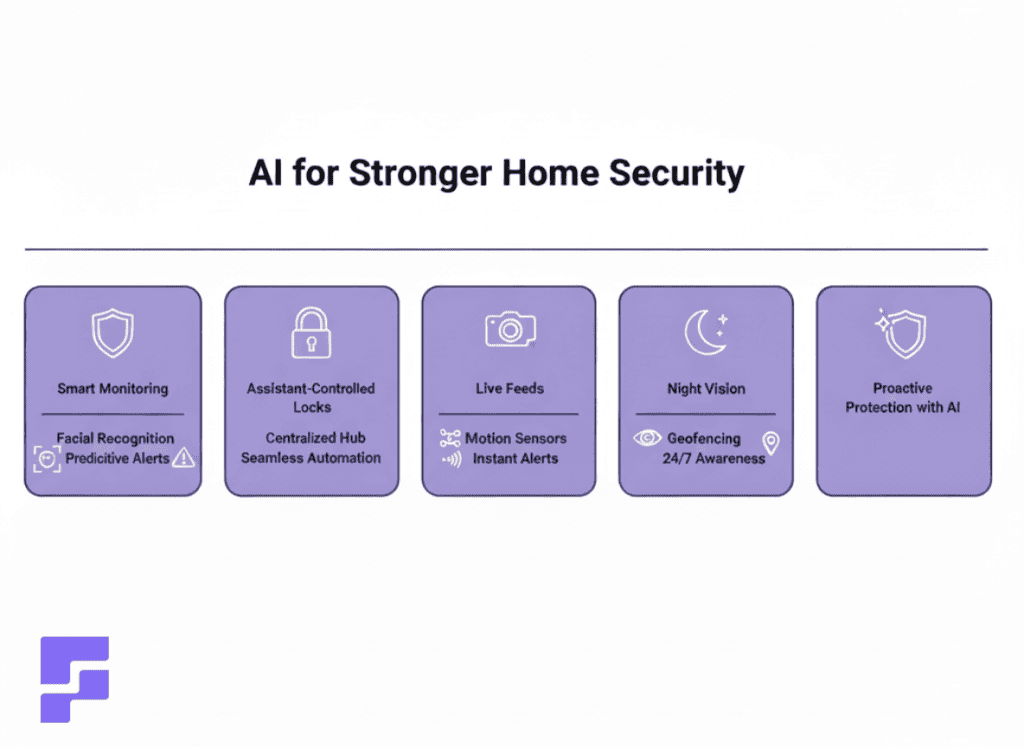 Infographic illustrating AI-powered home security systems, smart cameras, sensors, and key safety features with clear labeled sections.