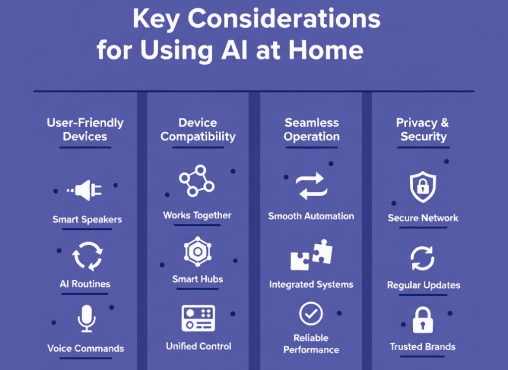 Infographic outlining key considerations for using AI at home: user-friendly devices, compatibility, automation, and privacy/security.