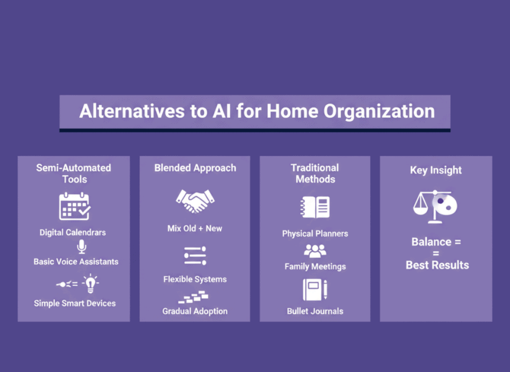 Infographic showing alternatives to AI for home organization, including semi-automated tools and traditional methods in clear labeled sections.