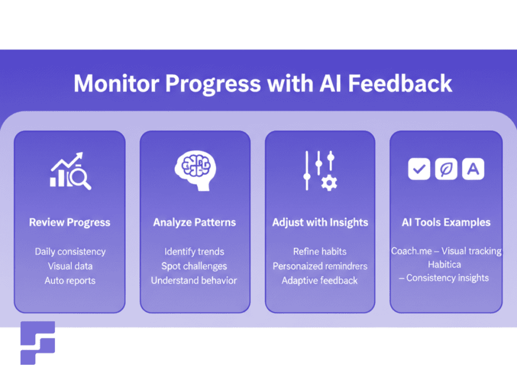 Infographic showing how AI helps monitor habit progress through analytics, pattern insights, data-driven adjustments, and example tools.