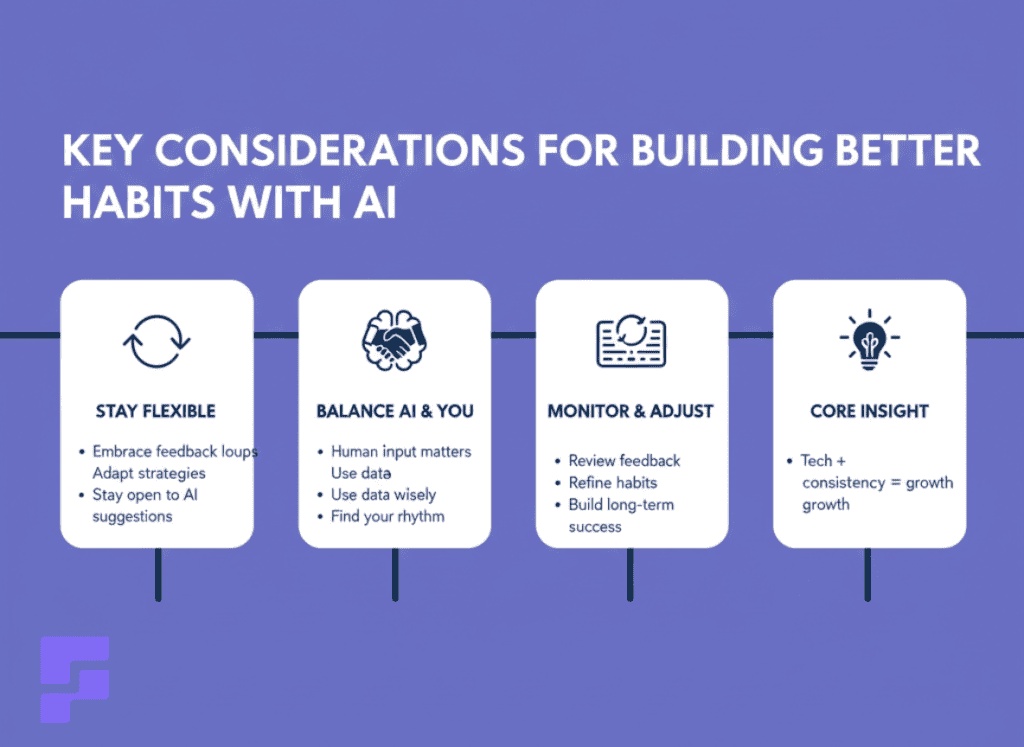 Infographic highlighting key considerations for building habits with AI: flexibility, balance, monitoring, and continuous adjustment.