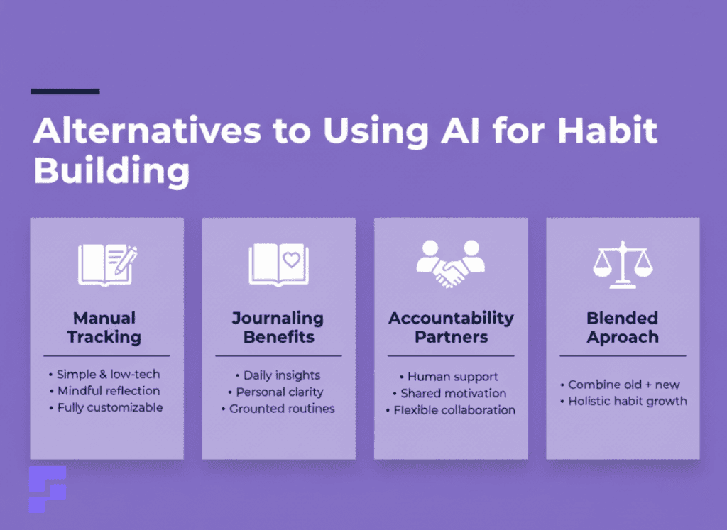 Infographic highlighting non-AI habit methods: manual tracking, journaling, accountability partners, and blending traditional tools with AI.