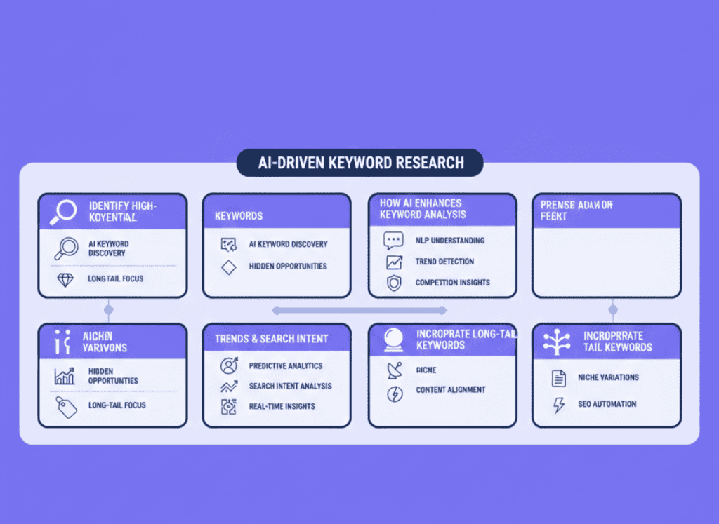 Infographic explaining how AI identifies high-potential keywords, tracks trends, analyzes intent, and integrates long-tail keywords.