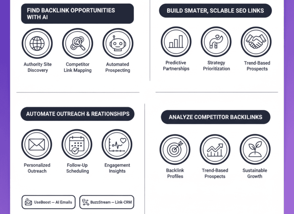 Infographic outlining how AI finds backlink prospects, automates outreach, analyzes competitor links, and builds scalable link-building strategies.