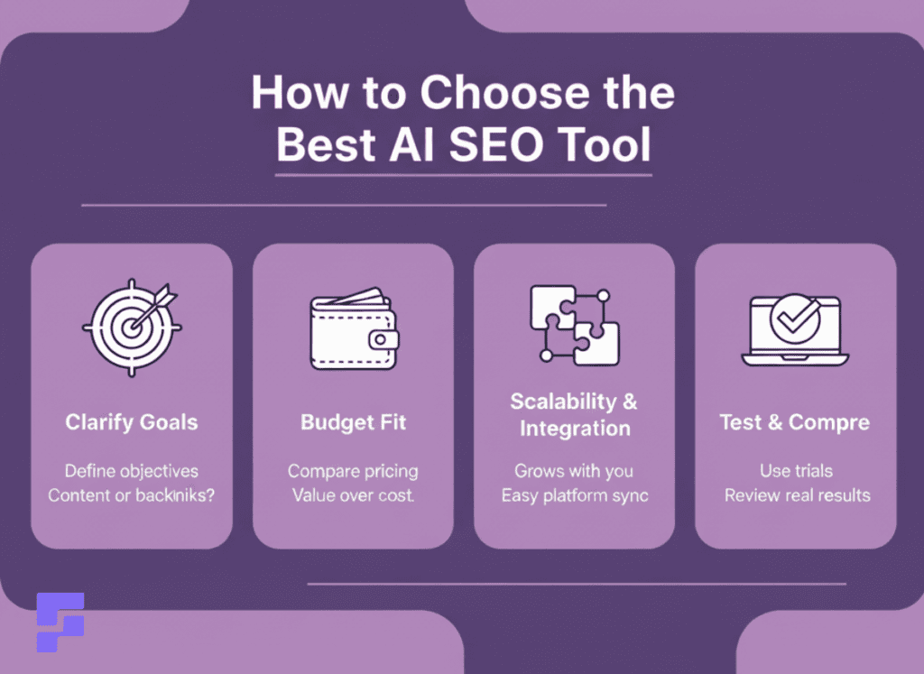 Infographic showing key steps to choose the best AI SEO tool, including goals, budget, scalability, and testing.
